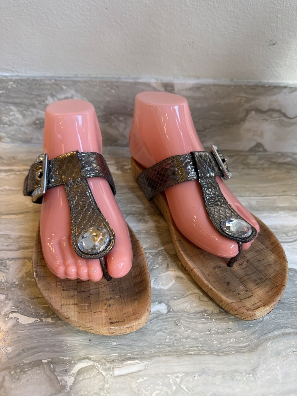 Stuart Weitzman Metallic Brown Jeweled Cork Thong Sandals